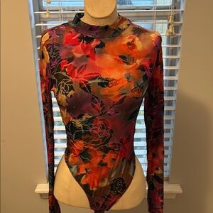 Fashion Nova Red and Orange Long Sleeve Graphic Bodysuit